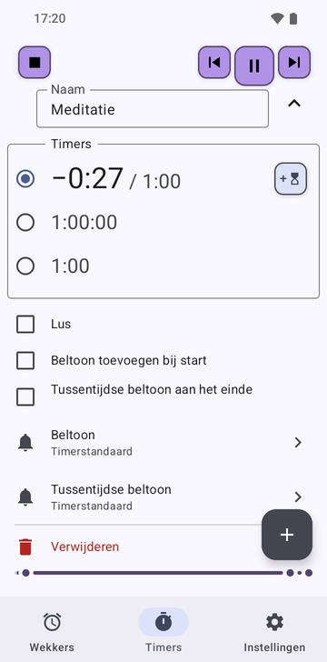 De reeks Meditatie uitgeklapt op het tabblad Timers van Risetime: zijn drie timers, 1:00 die aftelt, 1:00:00 en 1:00, met Lus, Beltoon toevoegen bij start en Tussentijdse beltoon aan het einde alle uit, en de regels Beltoon en Tussentijdse beltoon op Timerstandaard.