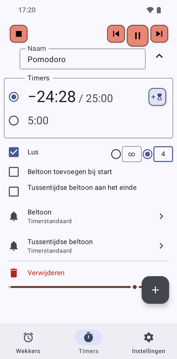 De reeks Pomodoro uitgeklapt op het tabblad Timers van Risetime terwijl hij loopt: zijn twee timers, 25:00 die aftelt en 5:00, Lus aan op 4 rondes (de andere keuze is onbeperkt), Beltoon toevoegen bij start en Tussentijdse beltoon aan het einde uit, en de regels Beltoon en Tussentijdse beltoon op Timerstandaard.