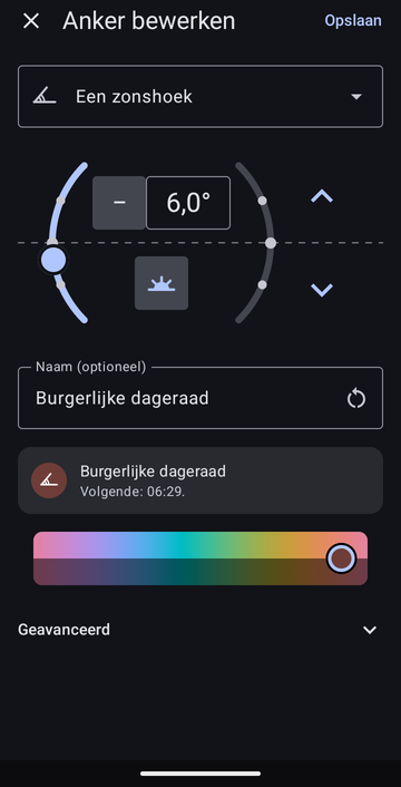 Het scherm Anker bewerken op Een zonshoek, 6,0° onder de horizon in de ochtend, met de naam Burgerlijke dageraad en de voorbeeldregel: Volgende: 06:29.