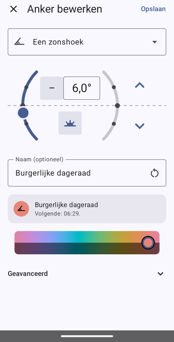 Het scherm Anker bewerken op Een zonshoek, 6,0° onder de horizon in de ochtend, met de naam Burgerlijke dageraad en de voorbeeldregel: Volgende: 06:29.