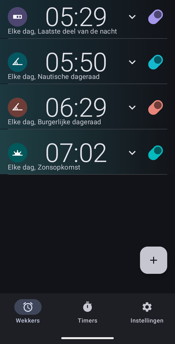 Wekkerlijst van Risetime met vier wekkers, alle vier elke dag: 05:29 bij Laatste deel van de nacht, 05:50 bij Nautische dageraad, 06:29 bij Burgerlijke dageraad, en 07:02 bij Zonsopkomst.