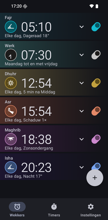 Wekkerlijst van Risetime met zes wekkers: Fajr om 05:10 (Dageraad 18°), Werk om 07:30 van maandag tot en met vrijdag, Dhuhr om 12:54 (5 min na Middag), Asr om 15:54 (Schaduw 1×), Maghrib om 18:38 (Zonsondergang) en Isha om 20:23 (Nacht 17°). De gebedswekkers gaan elke dag af.