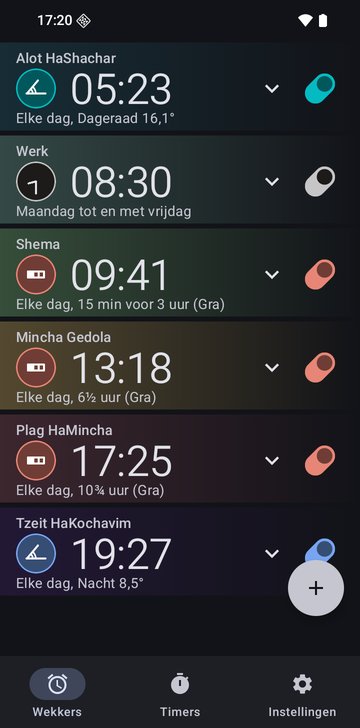 Wekkerlijst van Risetime met zes wekkers: Alot HaShachar om 05:23 (Dageraad 16,1°), Werk om 08:30 van maandag tot en met vrijdag, Shema om 09:41 (15 min voor 3 uur, Gra), Mincha Gedola om 13:18 (6½ uur, Gra), Plag HaMincha om 17:25 (10¾ uur, Gra) en Tzeit HaKochavim om 19:27 (Nacht 8,5°). De zmanim-wekkers gaan elke dag af.