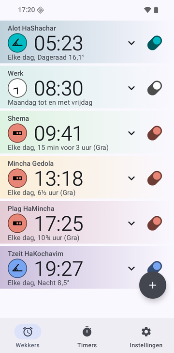 Wekkerlijst van Risetime met zes wekkers: Alot HaShachar om 05:23 (Dageraad 16,1°), Werk om 08:30 van maandag tot en met vrijdag, Shema om 09:41 (15 min voor 3 uur, Gra), Mincha Gedola om 13:18 (6½ uur, Gra), Plag HaMincha om 17:25 (10¾ uur, Gra) en Tzeit HaKochavim om 19:27 (Nacht 8,5°). De zmanim-wekkers gaan elke dag af.