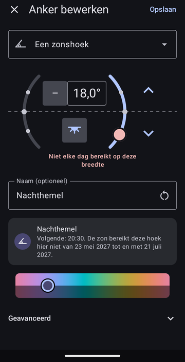Het scherm Anker bewerken op Een zonshoek, 18,0° onder de horizon in de avond, met de melding Niet elke dag bereikt op deze breedte, de naam Nachthemel en de voorbeeldregel: Volgende: 20:30. De zon bereikt deze hoek hier niet van 23 mei 2027 tot en met 21 juli 2027.
