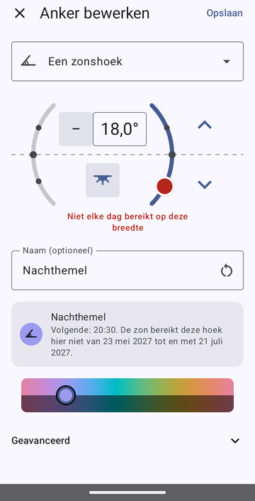 Het scherm Anker bewerken op Een zonshoek, 18,0° onder de horizon in de avond, met de melding Niet elke dag bereikt op deze breedte, de naam Nachthemel en de voorbeeldregel: Volgende: 20:30. De zon bereikt deze hoek hier niet van 23 mei 2027 tot en met 21 juli 2027.