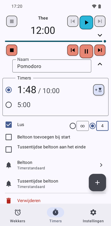 De reeks Thee uitgeklapt op het tabblad Timers van Risetime: zijn naam, zijn enige timer op 12:00 met een knop om er een toe te voegen, de schakelaars Lus, Beltoon toevoegen bij start en Tussentijdse beltoon aan het einde, alle uit, de regel Beltoon op Timerstandaard, de regel Tussentijdse beltoon op Niet gebruikt: één timer, geen lus, geen beltoon bij start, en Verwijderen. Daaronder de ingeklapte Pomodoro-rij, lopend op 1:42 van 10:00.