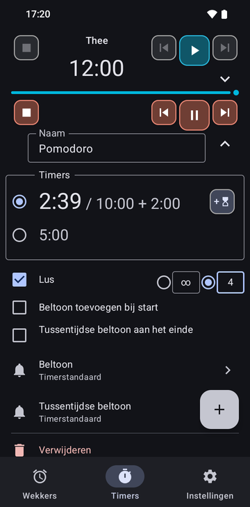 Het tabblad Timers met de timer Thee uitgeklapt en daaronder de Pomodoro-reeks die loopt op 2:04 van 10:00, met 1 minuut toegevoegd. De lopende rij heeft knoppen om te stoppen, naar de vorige timer, te pauzeren en naar de volgende timer, en een knop om 1 minuut toe te voegen; Timer toevoegen staat eronder, boven de tabbladen Wekkers, Timers en Instellingen.