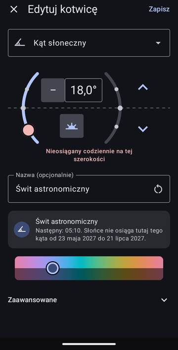 Edytor kotwicy na Kąt słoneczny, ustawiony na −18,0° rano, nazwany Świt astronomiczny, z podglądem Następny: 05:10. Słońce nie osiąga tutaj tego kąta od 23 maja 2027 do 21 lipca 2027.