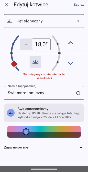 Edytor kotwicy na Kąt słoneczny, ustawiony na −18,0° rano, nazwany Świt astronomiczny, z podglądem Następny: 05:10. Słońce nie osiąga tutaj tego kąta od 23 maja 2027 do 21 lipca 2027.