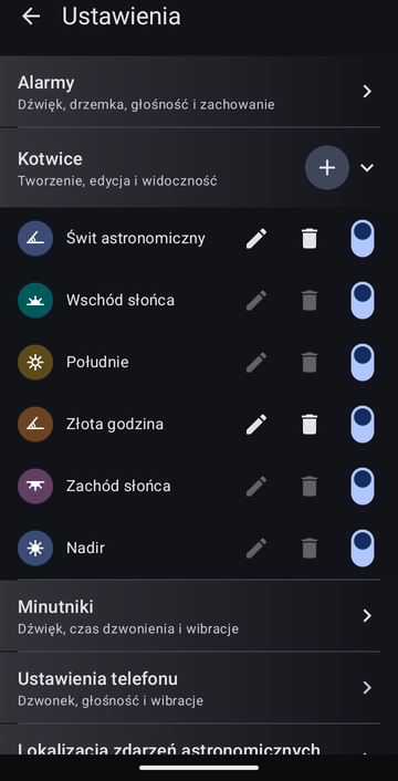 Ustawienia, sekcja Kotwice: dwie kotwice własne, Świt astronomiczny i Złota godzina, każda z przyciskiem edycji i przyciskiem usuwania, obok fabrycznych kotwic Wschód słońca, Południe, Zachód słońca i Nadir. Każdy wiersz ma przełącznik widoczności, wszystkie włączone.