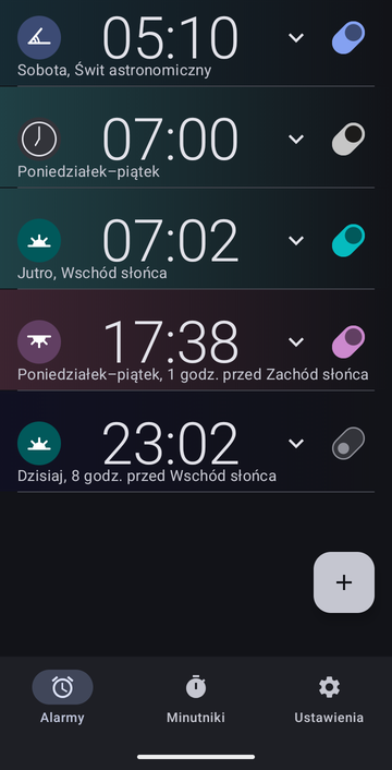 Lista alarmów Risetime z pięcioma alarmami: 05:10 w sobotę na kotwicy własnej Świt astronomiczny; 07:00 od poniedziałku do piątku na kotwicy Dokładny, o stałej godzinie; 07:02 jutro na kotwicy Wschód słońca; 17:38 od poniedziałku do piątku, 1 godzinę przed kotwicą Zachód słońca; i 23:02 dzisiaj, 8 godzin przed kotwicą Wschód słońca, wyłączony.