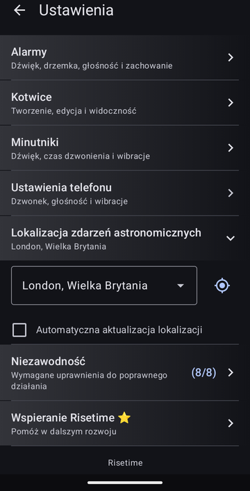 Ustawienia Risetime, otwarta sekcja Lokalizacja zdarzeń astronomicznych: wybrane London, Wielka Brytania, przycisk lokalizacji GPS i odznaczone pole Automatyczna aktualizacja lokalizacji.