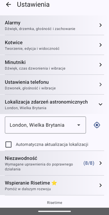 Ustawienia Risetime, otwarta sekcja Lokalizacja zdarzeń astronomicznych: wybrane London, Wielka Brytania, przycisk lokalizacji GPS i odznaczone pole Automatyczna aktualizacja lokalizacji.