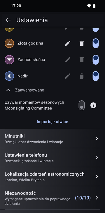 Ustawienia Risetime, sekcja Kotwice z otwartym Zaawansowane: przełącznik Używaj momentów sezonowych Moonsighting Committee (wyłączony) i przycisk Importuj kotwice; niżej wiersze Minutniki, Ustawienia telefonu, Lokalizacja zdarzeń astronomicznych i Niezawodność (10/10).