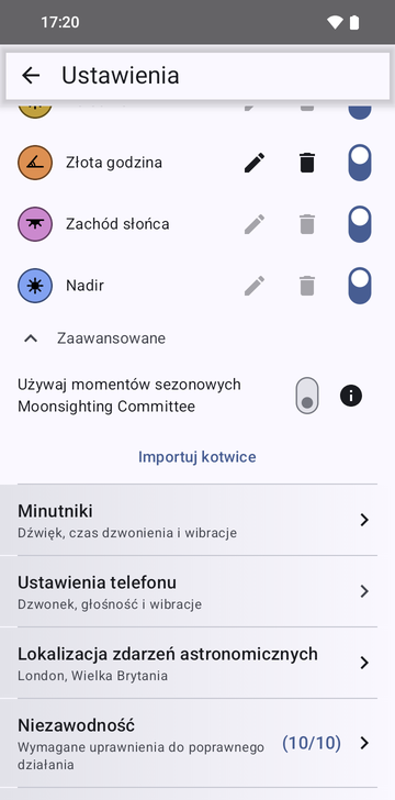 Ustawienia Risetime, sekcja Kotwice z otwartym Zaawansowane: przełącznik Używaj momentów sezonowych Moonsighting Committee (wyłączony) i przycisk Importuj kotwice; niżej wiersze Minutniki, Ustawienia telefonu, Lokalizacja zdarzeń astronomicznych i Niezawodność (10/10).