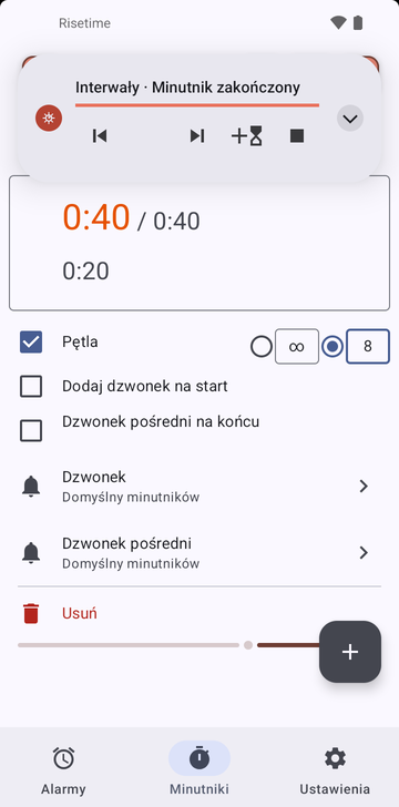 Sekwencja Interwały rozwinięta na karcie Minutniki w Risetime: jej dwa minutniki, 0:40 w trakcie na 0:32 oraz 0:20, Pętla włączona na 8 razy (druga opcja to bez limitu), Dodaj dzwonek na start i Dzwonek pośredni na końcu wyłączone, a wiersze Dzwonek i Dzwonek pośredni na Domyślny minutników.