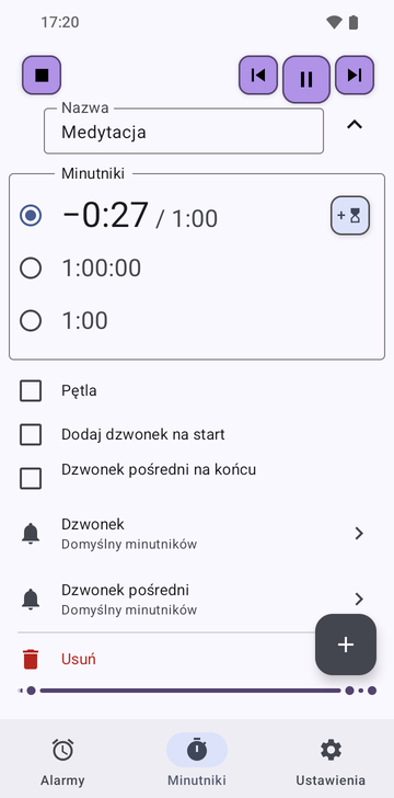 Sekwencja Medytacja rozwinięta na karcie Minutniki w Risetime: jej trzy minutniki, 1:00 odliczający w dół, 1:00:00 i 1:00, z wyłączonymi Pętla, Dodaj dzwonek na start i Dzwonek pośredni na końcu, a wiersze Dzwonek i Dzwonek pośredni na Domyślny minutników.