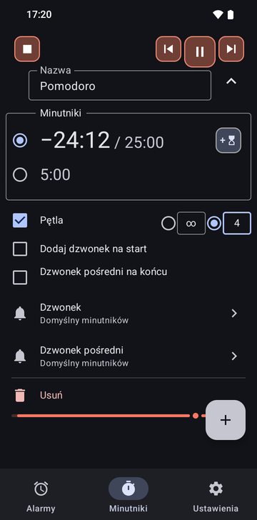 Sekwencja Pomodoro rozwinięta na karcie Minutniki w Risetime, gdy działa: jej dwa minutniki, 25:00 odliczający w dół i 5:00, Pętla włączona na 4 razy (druga opcja to bez limitu), Dodaj dzwonek na start i Dzwonek pośredni na końcu wyłączone, a wiersze Dzwonek i Dzwonek pośredni na Domyślny minutników.