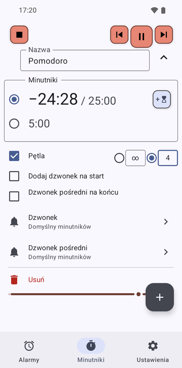 Sekwencja Pomodoro rozwinięta na karcie Minutniki w Risetime, gdy działa: jej dwa minutniki, 25:00 odliczający w dół i 5:00, Pętla włączona na 4 razy (druga opcja to bez limitu), Dodaj dzwonek na start i Dzwonek pośredni na końcu wyłączone, a wiersze Dzwonek i Dzwonek pośredni na Domyślny minutników.