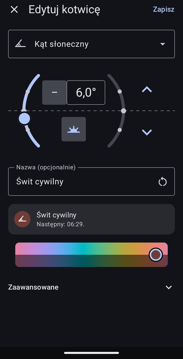 Edytor kotwicy na Kąt słoneczny, ustawiony na −6,0° rano, nazwany Świt cywilny, z podglądem: Następny: 06:29.