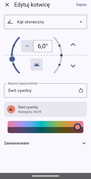 Edytor kotwicy na Kąt słoneczny, ustawiony na −6,0° rano, nazwany Świt cywilny, z podglądem: Następny: 06:29.