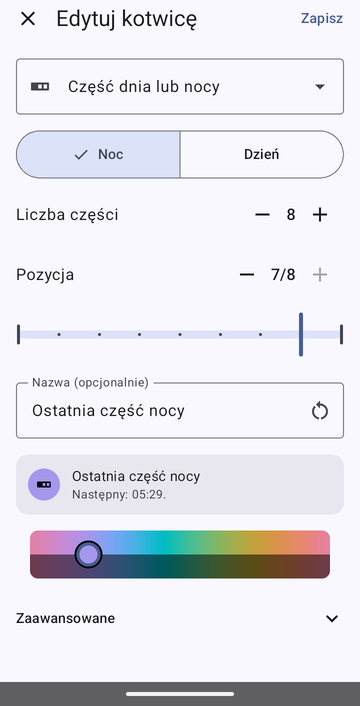 Edytor kotwicy na Część dnia lub nocy, z wybraną Nocą, Liczbą części ustawioną na 8 i Pozycją na 7/8, nazwany Ostatnia część nocy, z podglądem: Następny: 05:29.