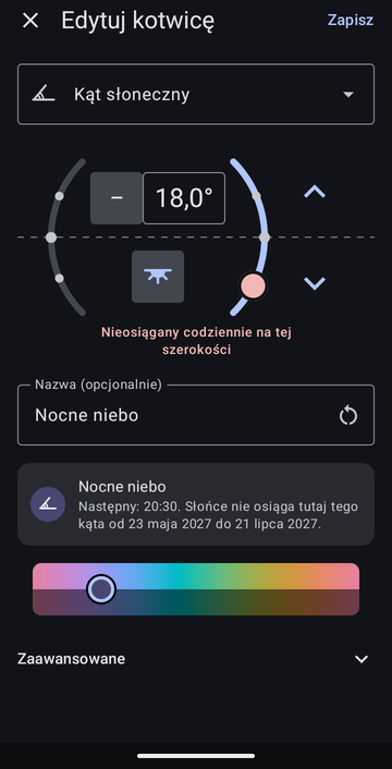 Edytor kotwicy na Kąt słoneczny, ustawiony na −18,0° wieczorem, nazwany Nocne niebo, z podglądem: Następny: 20:30. Słońce nie osiąga tutaj tego kąta od 23 maja 2027 do 21 lipca 2027.