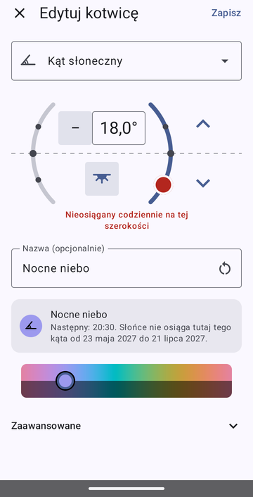 Edytor kotwicy na Kąt słoneczny, ustawiony na −18,0° wieczorem, nazwany Nocne niebo, z podglądem: Następny: 20:30. Słońce nie osiąga tutaj tego kąta od 23 maja 2027 do 21 lipca 2027.