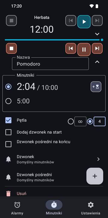 Sekwencja Herbata rozwinięta na karcie Minutniki w Risetime: jej nazwa, jej jedyny minutnik na 12:00 z przyciskiem dodania kolejnego, przełączniki Pętla, Dodaj dzwonek na start i Dzwonek pośredni na końcu, wszystkie wyłączone, wiersz Dzwonek na Domyślny minutników, wiersz Dzwonek pośredni na Nieużywany: jeden minutnik, bez pętli, bez dzwonka na start, oraz Usuń. Pod nią zwinięty wiersz Pomodoro, działający na 1:42 z 10:00.