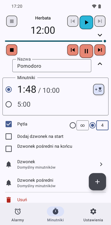 Sekwencja Herbata rozwinięta na karcie Minutniki w Risetime: jej nazwa, jej jedyny minutnik na 12:00 z przyciskiem dodania kolejnego, przełączniki Pętla, Dodaj dzwonek na start i Dzwonek pośredni na końcu, wszystkie wyłączone, wiersz Dzwonek na Domyślny minutników, wiersz Dzwonek pośredni na Nieużywany: jeden minutnik, bez pętli, bez dzwonka na start, oraz Usuń. Pod nią zwinięty wiersz Pomodoro, działający na 1:42 z 10:00.
