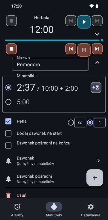 Karta Minutniki z rozwiniętym minutnikiem Herbata, a pod nim działająca sekwencja Pomodoro na 2:06 z 10:00, z dodaną 1 minutą. Działający wiersz ma przyciski zatrzymania, poprzedniego minutnika, wstrzymania i następnego minutnika oraz przycisk dodający 1 minutę; Dodaj minutnik znajduje się poniżej, nad kartami Alarmy, Minutniki i Ustawienia.