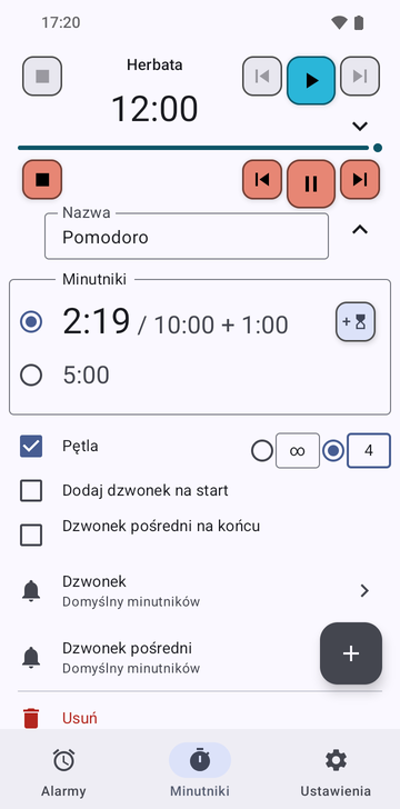 Karta Minutniki z rozwiniętym minutnikiem Herbata, a pod nim działająca sekwencja Pomodoro na 2:06 z 10:00, z dodaną 1 minutą. Działający wiersz ma przyciski zatrzymania, poprzedniego minutnika, wstrzymania i następnego minutnika oraz przycisk dodający 1 minutę; Dodaj minutnik znajduje się poniżej, nad kartami Alarmy, Minutniki i Ustawienia.