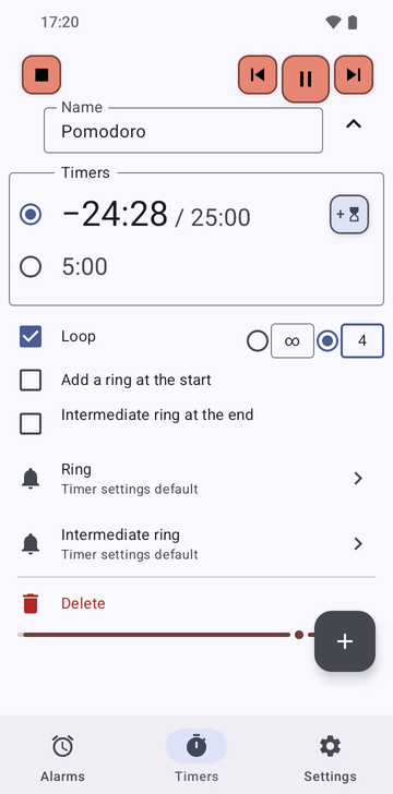 The Pomodoro sequence opened in Risetime's Timers tab while it runs: two timers, 25:00 counting down and 5:00, with Loop set to 4 rounds, Add a ring at the start and Intermediate ring at the end switched off, and the Ring and Intermediate ring rows at the Timer settings default.
