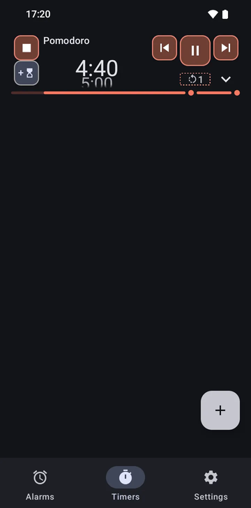 Risetime's Timers tab with one Pomodoro sequence running: the timer at 4:24 of 25:00, a pause button, an add-one-minute button and an expand button.