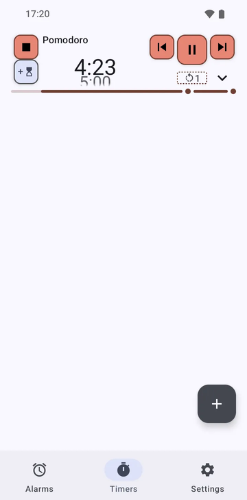 Risetime's Timers tab with one Pomodoro sequence running: the timer at 4:24 of 25:00, a pause button, an add-one-minute button and an expand button.