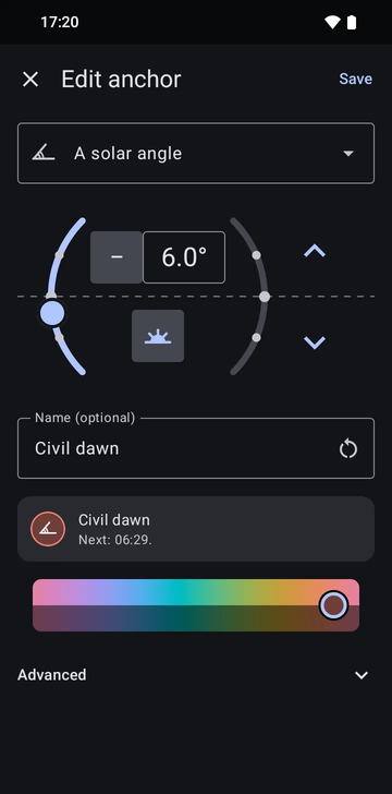 The anchor editor on A solar angle, set to −6.0° on the morning side, named Civil dawn, with the preview: Next: 06:29.