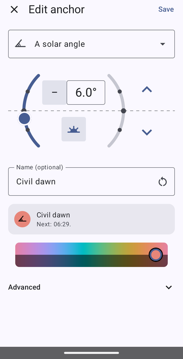 The anchor editor on A solar angle, set to −6.0° in the morning, named Civil dawn, with the preview: Next: 06:29.