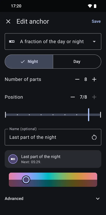 The anchor editor on A fraction of the day or night, with Night selected, Number of parts set to 8 and Position on 7/8, named Last part of the night, with the preview: Next: 05:29.