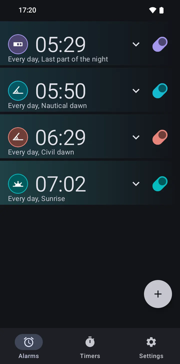 Risetime alarm list with four alarms, each labelled Every day: 05:29 on Last part of the night, 05:50 on Nautical dawn, 06:29 on Civil dawn, and 07:02 at Sunrise.