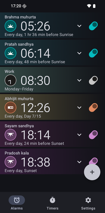 Risetime alarm list with six alarms: Brahma muhurta 05:26, Every day, 1 hr 36 min before Sunrise; Pratah sandhya 06:14, Every day, 48 min before Sunrise; Work 08:30, Monday–Friday; Abhijit muhurta 12:26, Every day, Day 7/15; Sayam sandhya 18:14, Every day, 24 min before Sunset; and Pradosh kala 18:38, Every day, Sunset.