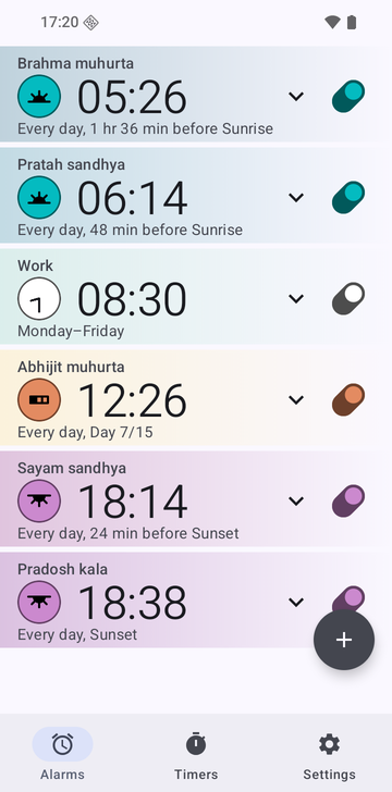 Risetime alarm list with six alarms: Brahma muhurta 05:26, Every day, 1 hr 36 min before Sunrise; Pratah sandhya 06:14, Every day, 48 min before Sunrise; Work 08:30, Monday–Friday; Abhijit muhurta 12:26, Every day, Day 7/15; Sayam sandhya 18:14, Every day, 24 min before Sunset; and Pradosh kala 18:38, Every day, Sunset.