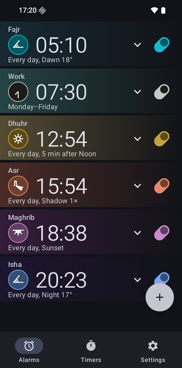 Risetime alarm list with six alarms: Fajr 05:10, Every day, Dawn 18°; Work 07:30, Monday–Friday; Dhuhr 12:54, Every day, 5 min after Noon; Asr 15:54, Every day, Shadow 1×; Maghrib 18:38, Every day, Sunset; and Isha 20:23, Every day, Night 17°.