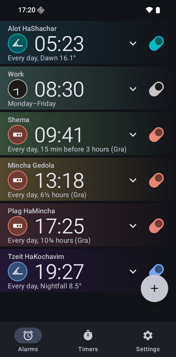 Risetime alarm list with six alarms: Alot HaShachar 05:23, Every day, Dawn 16.1°; Work 08:30, Monday–Friday; Shema 09:41, Every day, 15 min before 3 hours (Gra); Mincha Gedola 13:18, Every day, 6½ hours (Gra); Plag HaMincha 17:25, Every day, 10¾ hours (Gra); and Tzeit HaKochavim 19:27, Every day, Nightfall 8.5°.