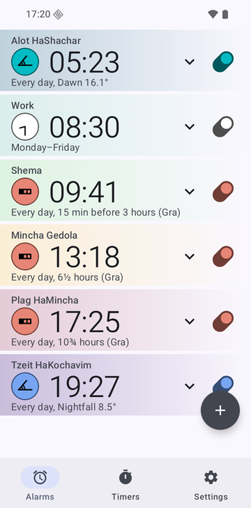 Risetime alarm list with six alarms: Alot HaShachar 05:23, Every day, Dawn 16.1°; Work 08:30, Monday–Friday; Shema 09:41, Every day, 15 min before 3 hours (Gra); Mincha Gedola 13:18, Every day, 6½ hours (Gra); Plag HaMincha 17:25, Every day, 10¾ hours (Gra); and Tzeit HaKochavim 19:27, Every day, Nightfall 8.5°.