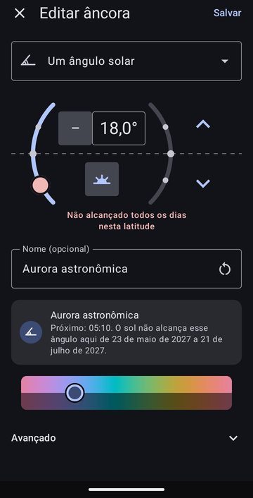 O editor de âncora em Um ângulo solar, ajustado em 18,0° abaixo do horizonte de manhã, com o aviso Não alcançado todos os dias nesta latitude, chamado Aurora astronômica, com a prévia Próximo: 05:10. O sol não alcança esse ângulo aqui de 23 de maio de 2027 a 21 de julho de 2027.