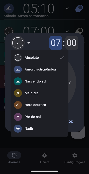 A caixa de criação de alarme, com o menu de âncoras aberto: Absoluto (marcado), Aurora astronômica, Nascer do sol, Meio-dia, Hora dourada, Pôr do sol e Nadir.