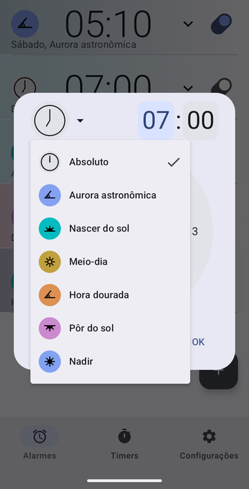 A caixa de criação de alarme, com o menu de âncoras aberto: Absoluto (marcado), Aurora astronômica, Nascer do sol, Meio-dia, Hora dourada, Pôr do sol e Nadir.