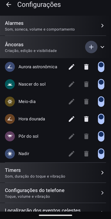 As configurações, seção Âncoras aberta, com um botão + no cabeçalho: Aurora astronômica, Nascer do sol, Meio-dia, Hora dourada, Pôr do sol e Nadir. Só Aurora astronômica e Hora dourada, as âncoras personalizadas, têm os botões de edição e de exclusão ativos. Cada linha tem um interruptor de visibilidade, todos ativados.