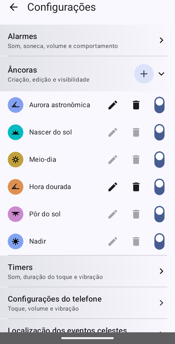 As configurações, seção Âncoras aberta, com um botão + no cabeçalho: Aurora astronômica, Nascer do sol, Meio-dia, Hora dourada, Pôr do sol e Nadir. Só Aurora astronômica e Hora dourada, as âncoras personalizadas, têm os botões de edição e de exclusão ativos. Cada linha tem um interruptor de visibilidade, todos ativados.